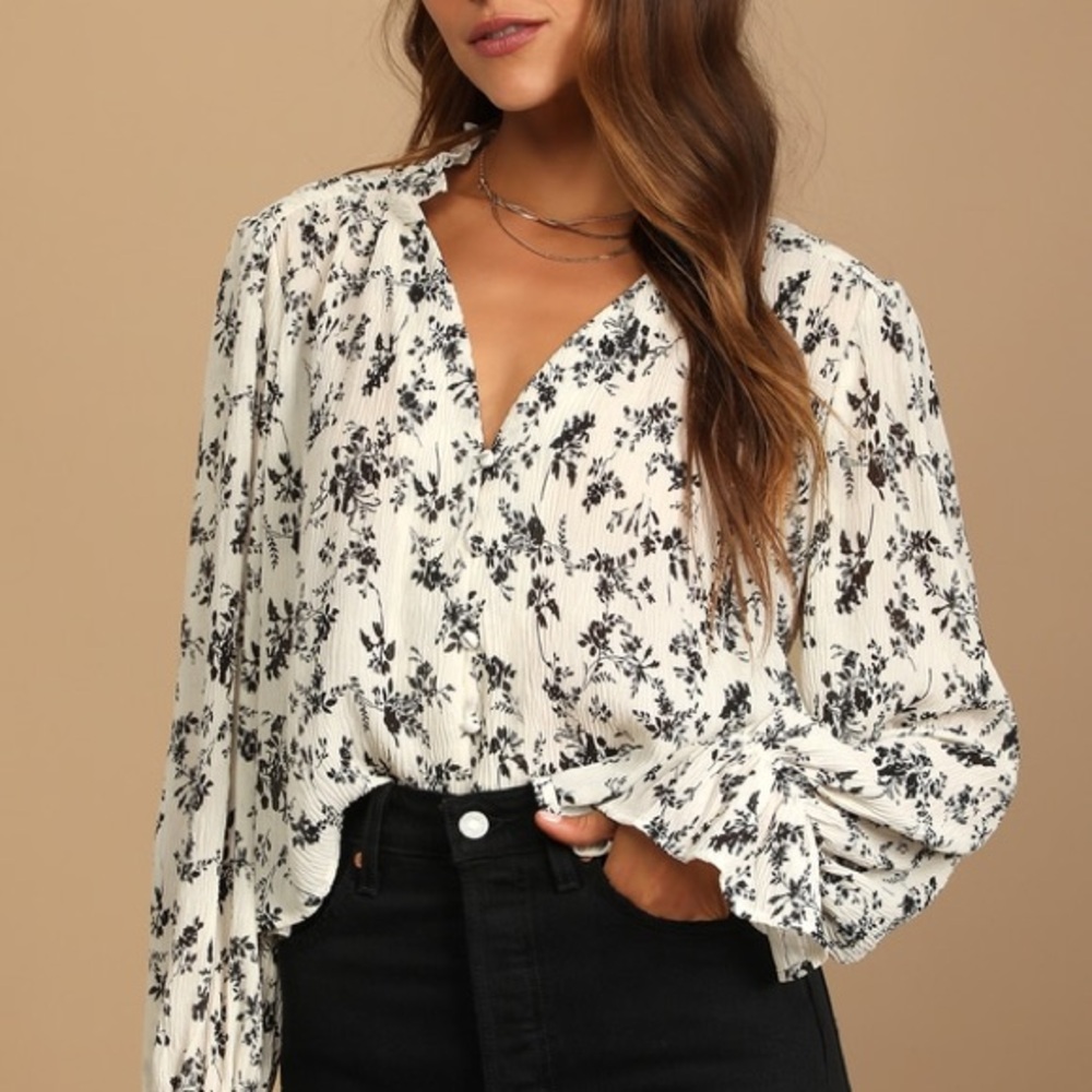 Lulu's Black and White Ruffled Blouse with Mandarin Collar